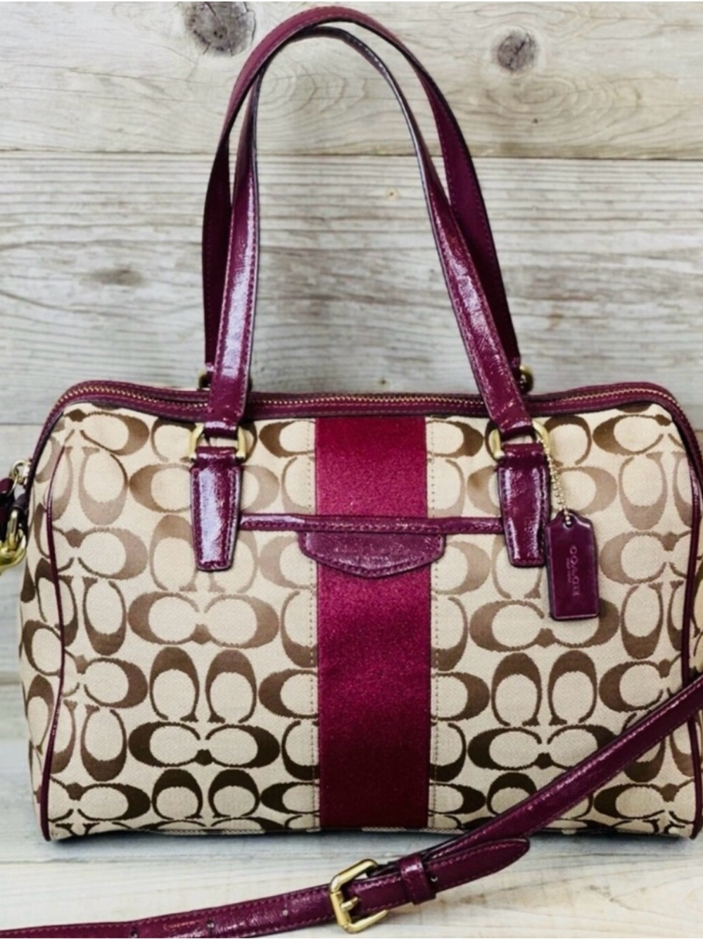 NWT Coach Signature Stripe 12cm Nancy Satchel (F28505) in Khaki & Merlot